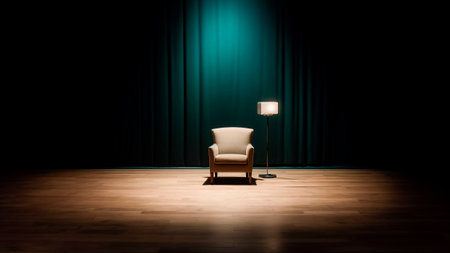 An empty stage with a lone chair and a blue curtain.の素材