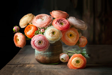 Ranunculus flowers in a vase on a wooden table.の素材