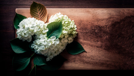 Bouquet of white hydrangea flowers on wooden background with copy space.の素材