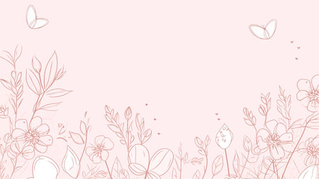 Card with flowers, leaves and butterflies in pastel colors with copy space.の素材