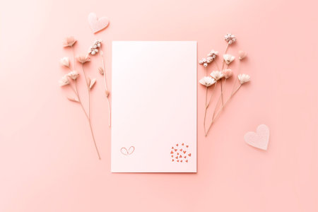 Creative flat lay top view valentine's day mockup greeting card with copy space on pastel pink background. Template feminine blog social media post conceptの素材