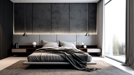 Interior of modern bedroom with gray walls.の素材