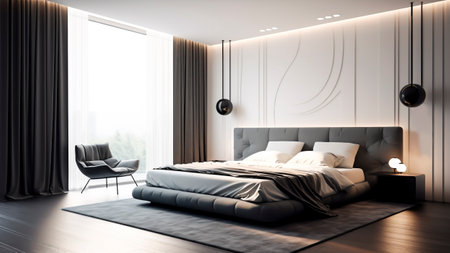 Modern bedroom interior design with monochromatic color scheme.の素材