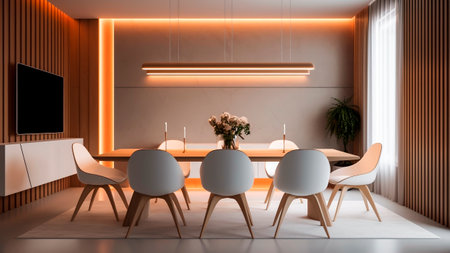 A dining room with orange neon lights in minimalist style.の素材