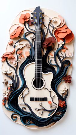 Guitar on abstract floral background made of paper.の素材