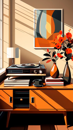 Illustration of an orange living room with a vinyl record player and a vase of flowers.の素材