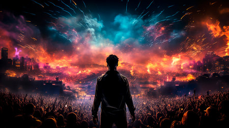 Silhouette of man in crowd at music festival with abstract smoke and rays in sky.の素材