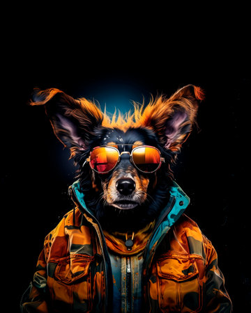 Portrait of a fashionable dog wearing a jacket and sunglasses on a black background.の素材