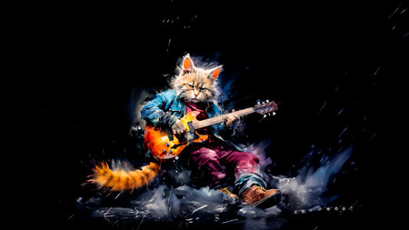 A Cute Punk kitten playing electric guitar on black background.の素材