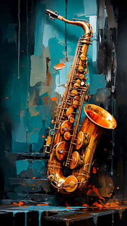 An abstract Saxophone on the background of an oil painting. Illustration.の素材