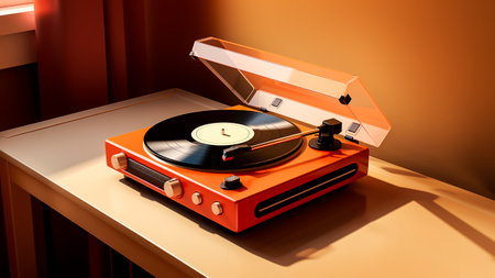 Vintage turntable player with vinyl record.の素材