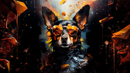Portrait of a dog in sunglasses on an abstract background.の素材