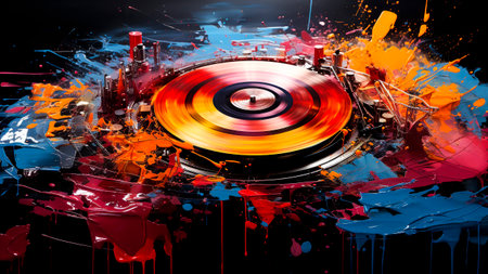 An abstract vinyl record with colorful splashes.の素材