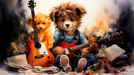 A teddy bear playing guitar on abstract background. Digital painting.の素材