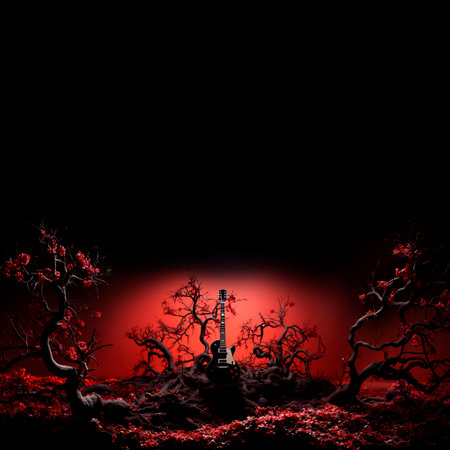 Guitar on a scary red tree, Halloween background with copy space.の素材