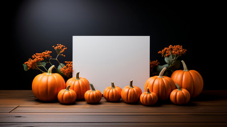 Halloween pumpkins with blank card on wooden table over dark background. Halloween concept.の素材