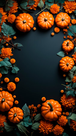 Autumn composition with pumpkins on black blank card. Flat lay, top view. Halloween concept.の素材