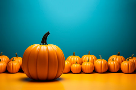 Orange pumpkins on a blue background with copy space. Halloween concept.の素材