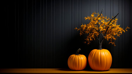 Pumpkins and autumn flower background with space for text. Halloween concept.の素材