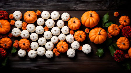 White and orange pumpkins on rustic wooden background, Top view. Flat lay. Halloween concept.の素材