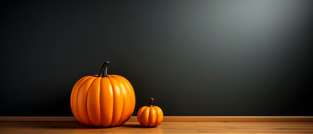 Halloween pumpkin on wooden floor and dark background with copy space. Halloween concept.の素材