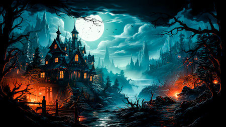 Haunted house, spooky forest and full moon. Halloween background. Halloween concept.の素材