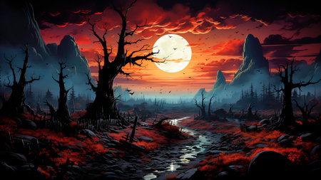 Night landscape with full moon, spooky forest and dead trees. Halloween background. Halloween concept.の素材