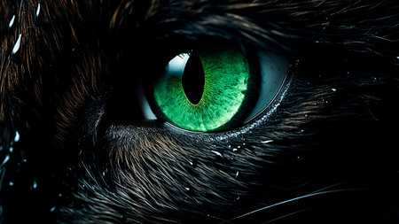 Close-up of a black cat's green eye. Halloween concept.の素材