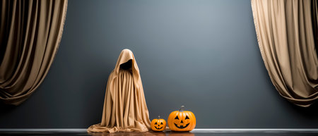 Halloween pumpkins and ghost on gray wall background with copy space. Halloween concept.の素材