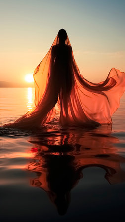 A woman in a long sheer dress like a fashion halloween ghost costume on the sea at sunset. Halloween concept.の素材