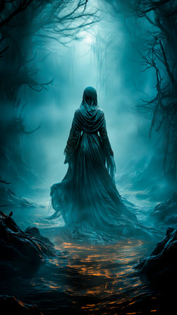 Halloween witch in dark spooky forest with fog. Halloween concept.の素材