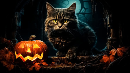 Halloween cat with jack-o'-lantern pumpkin on dark background. Halloween concept.の素材