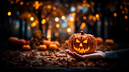 Halloween pumpkin lantern in hand on background of autumn leaves and bokeh. Halloween concept.の素材