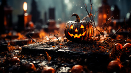 Halloween pumpkin head jack-o-lantern on spooky graveyard. Halloween concept.の素材
