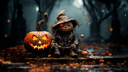 Scary Jack-o-lanterns in misty forest. Halloween concept.の素材
