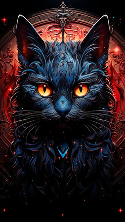 Mystical black cat on a red background. Abstract Halloween concept illustration.の素材
