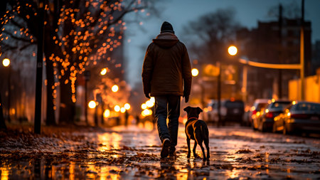 Man walking with a dog in the city at night.の素材