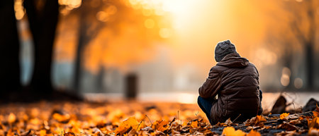 A lonely person sitting on the ground with autumn leaves in the park.の素材