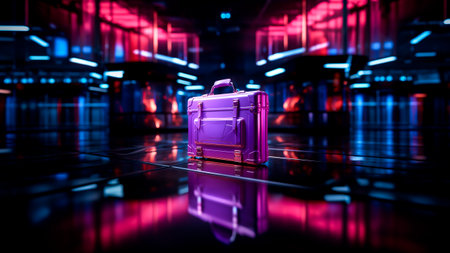 A pink suitcase in a dark room with pink neon lights. Business concept.の素材