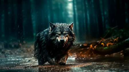 Walking wolf in the dark forest. Wolf in the rain.の素材