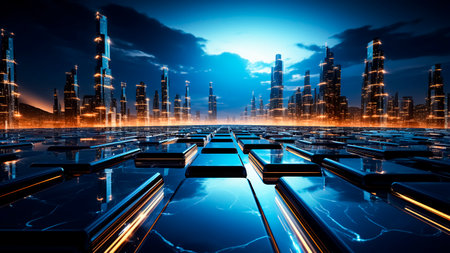 Abstract futuristic city at night with reflection in chip circuit. Technology futuristic concept.の素材
