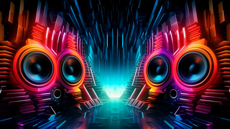 Futuristic music background with neon lights and speakers. Abstract illustration. Music concept.の素材