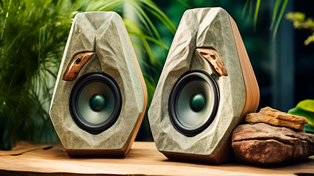 Two speakers in the shape of a rock on a wooden table in the garden. Music concept.の素材