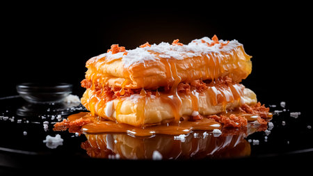 Puff pastry with caramel on sauce on a black background. Dessert concept. Food concept.の素材