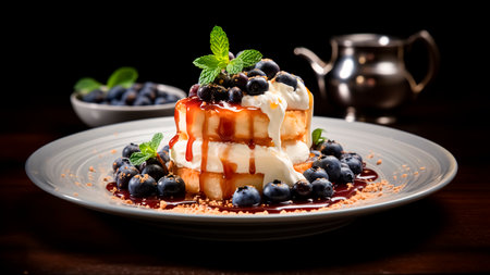 A delicious cheese cake with blueberries and syrup on a wooden table. Cake concept. Food concept.の素材