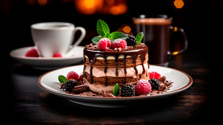 Chocolate cake with raspberries and mint on a wooden table. Cake concept. Food concept.の素材