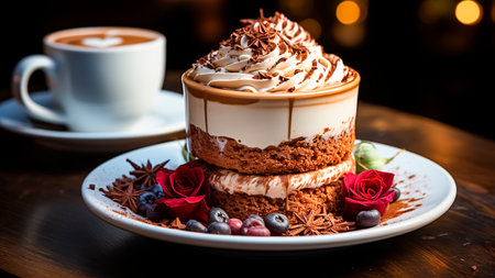 Tiramisu cake with cup of coffee on wooden table. Cake concept. Food concept.の素材