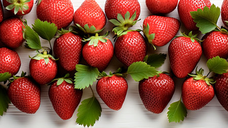 Strawberries with green leaves on a white wooden background. Healthy food concept.の素材