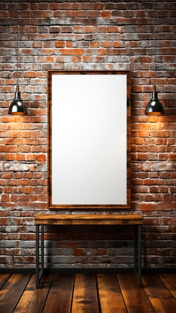 Blank picture frame hanging on brick wall. Mockup.の素材