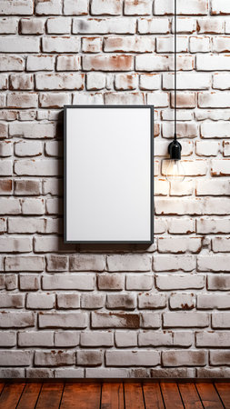 Blank picture frame on white brick wall. Mockup.の素材